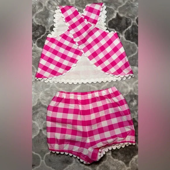 JACADI PARIS Baby Girl Gingham Shorts Set- Pink & White/ Size 6 Months - Picture 7 of 9